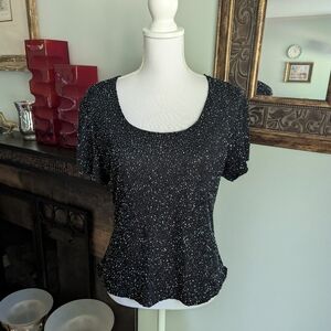 Laurence Kazar Women's L/XL Fully Beaded Top Short Sleeve Black Stretch